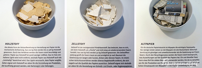 Holzpapier, Zellulose, Altpapier in Schälchen als Griffmuster