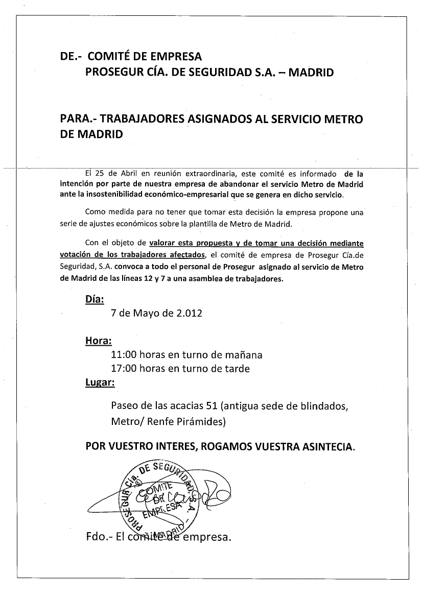 CC.OO. PROSEGUR MADRID: Asamblea trabajadores de Metro 