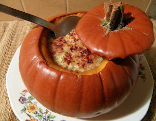 Tapioca filled Pumpkin with Lid Jauntily Askew and serving spoon