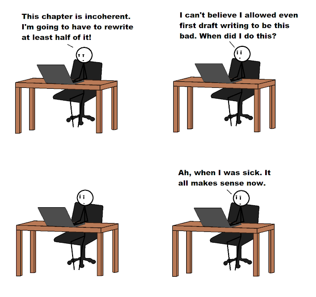 Panel 1, reading on computer, “This chapter is incoherent. I’m going to have to rewrite half of it!” Panel 2, “I can’t believe I allowed even first draft writing to be this bad. When did I do this?” Panel 3, looking at computer, Panel 4, “Ah, when I was sick. It all makes sense now.”