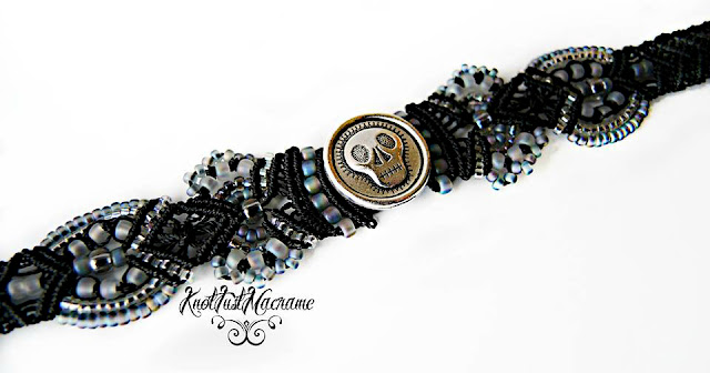 Beaded micro macrame bracelet with skull by Sherri Stokey.