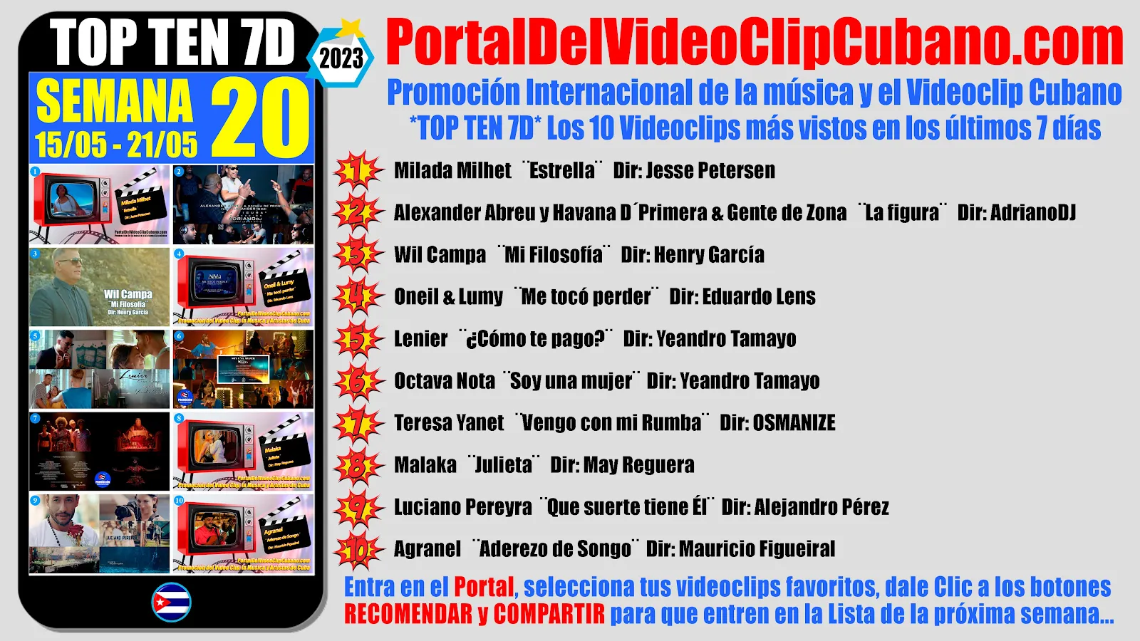 Artistas ganadores del * TOP TEN 7D * con los 10 Videoclips más vistos en la semana 20 (15/05 a 21/05 de 2023) en el Portal Del Vídeo Clip Cubano