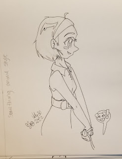 A simple line drawing of a woman walking her dog, drawn with pen in an anime style.
