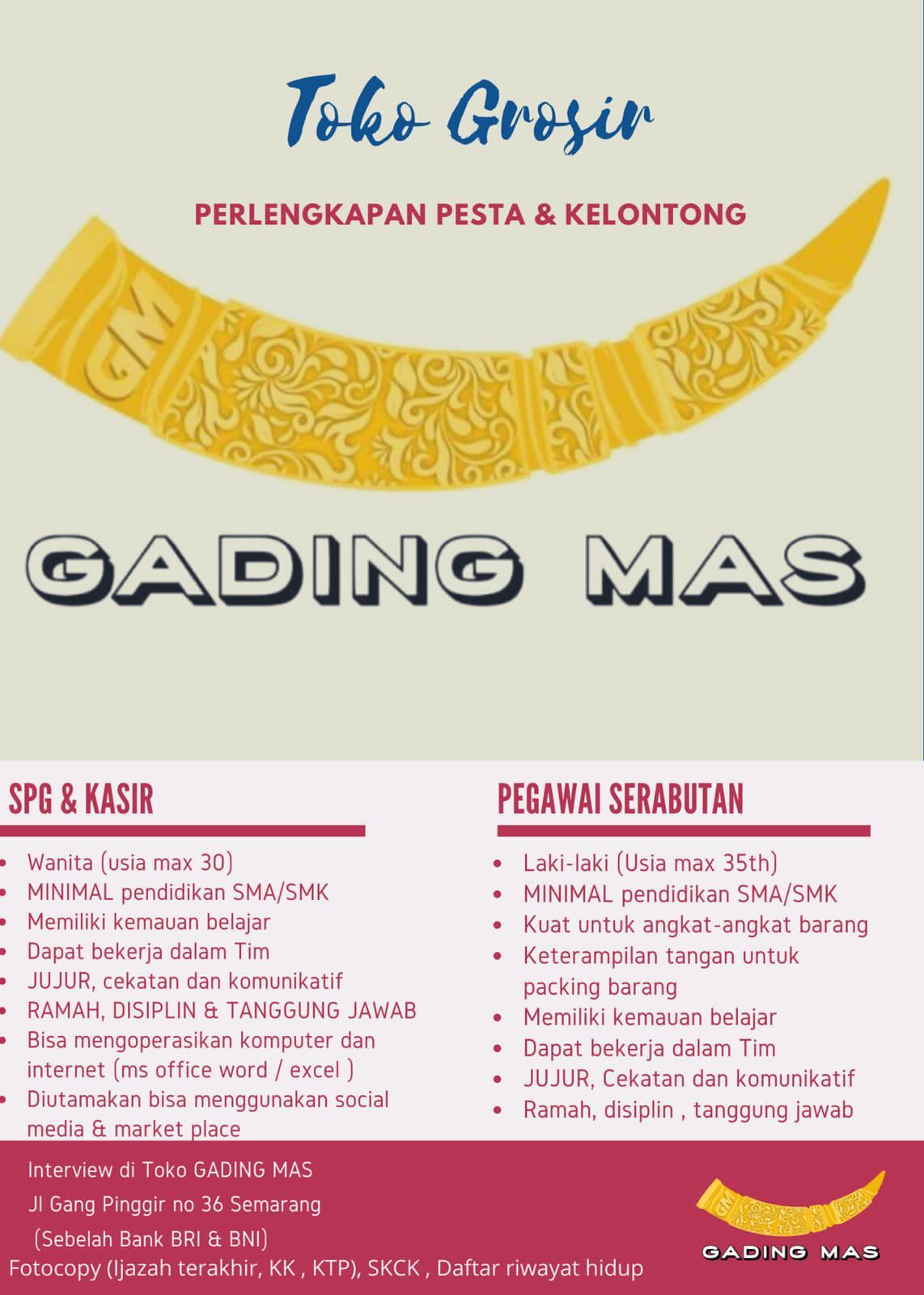 Loker SPG & Kasir, Pegawai Serabutan Toko Gading Mas Semarang