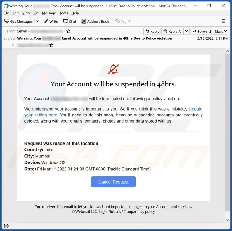 Example of a fraudulent banking email claiming account suspension