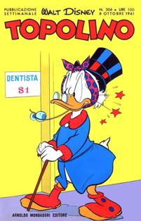 Topolino 306 - 8 Ottobre 1961 | ISSN 1120-611X | CBR 215 dpi | Settimanale | Fumetti | Universo Disney
Numero volumi : IN CORSO
Topolino apparve in Italia il 30 marzo 1930, quando sul n.13 del settimanale torinese Illustrazione del Popolo, diretto da Lorenzo Gigli, fu pubblicata la prima striscia disegnata da Ub Iwerks e intitolata Le avventure di Topolino nella giungla. Due anni dopo si ha il primo libro illustrato italiano con le sue immagini: Sua Altezza Reale il Principe Codarello e, poco più tardi, il 31 dicembre 1932, esce il primo numero di Topolino in formato giornale, edito da Nerbini.
Sulla falsariga del celebre Corriere dei Piccoli, anche Topolino si presentava ai lettori con periodicità settimanale e si apriva con una breve storia in cui le didascalie sono scritte in rima e realizzata da Giove Toppi, che divenne quindi il primo autore Disney italiano. Sul settimanale della Nerbini, comunque, trovano spazio soprattutto le strisce e le tavole realizzate da Floyd Gottfredson. In queste storie vengono anche introdotte delle didascalie in rima, scritte dal primo direttore della rivista, Paolo Lorenzini (detto Collodi Nipote in quanto nipote di Carlo Collodi), e viene anche assegnato il nome definitivo alla spalla di Topolino, ovvero quel Pippo un po' lunatico e un po' svampito che sui libri della Salani veniva ancora chiamato Medoro.
Nerbini non si era assicurato correttamente i diritti di pubblicazione: quando aveva varato la sua rivista, infatti, si era rivolto al Consorzio Cinematografico E.I.A., il distributore dei cortometraggi di Topolino, quando in realtà i diritti per le riviste erano stati dati in mano al giornalista Guglielmo Emanuel dallo stesso Disney. Per cui, per un paio di numeri, la testata passò da Topolino a Topo Lino, per poi riprendere la nota testata con il n.7. Il Topolino Giornale era formato da otto pagine e non conteneva solo storie a fumetti Disney ma anche storie non-Disney che anzi erano di solito la maggioranza delle storie presenti in un numero.
Il numero 137 del Topolino Giornale, dell'11 agosto 1935, segna il passaggio di consegne da Nerbini alla Mondadori. Il fascismo, tuttavia, causò dei problemi al giornale. Dal 1938, il Min.Cul.Pop. (Ministero della Cultura Popolare) impone alla stampa di non editare più i protagonisti del fumetto popolare americano. Il solo Topolino è risparmiato, e così il suo logo e il suo personaggio possono continuare ad esistere nelle edicole italiane, ma in piena seconda guerra mondiale, a partire dal n.476 del 27 gennaio 1942, anche il settimanale è costretto a cedere alle restrizioni. Lo sostituisce Tuffolino, un ragazzetto dalle medesime caratteristiche fisiche, disegnato dal grande illustratore Pierlorenzo De Vita. Con la fine del fascismo, le avventure di Topolino poterono di nuovo essere pubblicate.
Alla fine degli anni quaranta, però, i giornali a fumetti che pubblicavano storie a puntate di non più di due tavole ad episodio erano irrimediabilmente in crisi, e così lo stesso Topolino, le cui vendite erano di gran lunga calate rispetto al periodo d'oro. Mondadori, però, non poteva rinunciare alla rivista da edicola per non perdere i ricchi diritti delle pubblicazioni da libreria, così decise un doloroso ma necessario cambio di formato e periodicità. Nel 1949 nasce così il periodico a fumetti Topolino formato libretto, all'inizio con cadenza mensile, quindi quindicinale e, infine, settimanale, fino a giungere a oggi al suo sessantesimo anniversario e con oltre 3000 numeri usciti, ricchi di storie tra le più famose, con autori da Carl Barks a Romano Scarpa, da Floyd Gottfredson a Giovan Battista Carpi e così via.