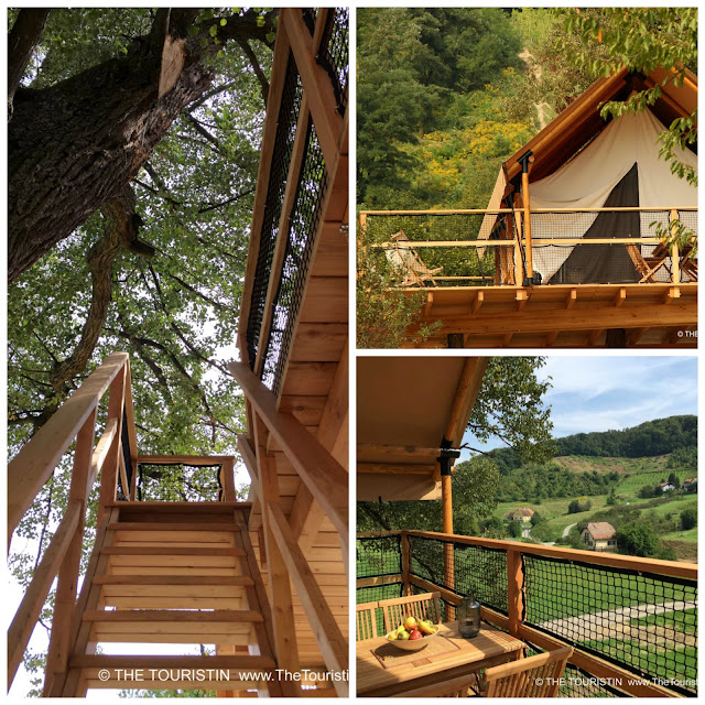 Wooden stairs leading to a treehouse. A beige tent on a wooden platform in a treehouse.A lush green valley.