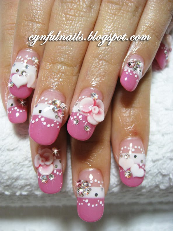 Pink And White Nails Vs Gel. Gel nails. Roses and hearts.