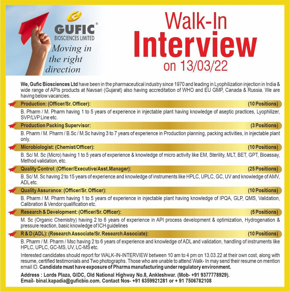 Job Availables,Gufic Biosciences Ltd  Walk-In-Interview For B.Pharm/ M.Pharm/ BSc/ MSc