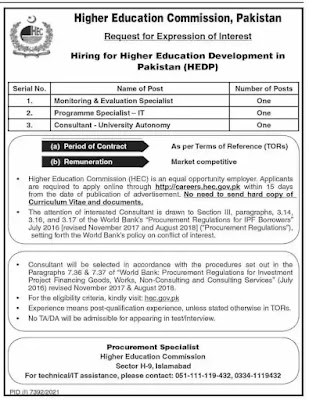 Higher Education Commission HEC Consultant jobs Islamabad 2022,hec jobs,Hec jobs april 2022,