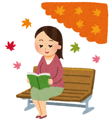 無料イラスト かわいいフリー素材集 読書の秋のイラスト ベンチで本を読む女性