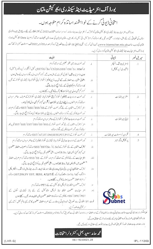 BISE Multan Jobs 2022-– Board of Intermediate and Secondary Education Jobs