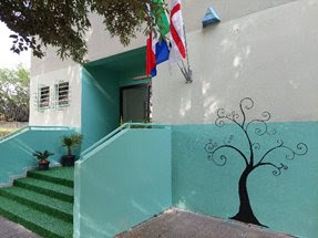 Istituto de Matteo: Descimomannun koulun sisäänkäynti – puu maalattiin projektiviikolla