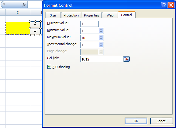 Pengaturan Format Kontrol spin Tombol Excel