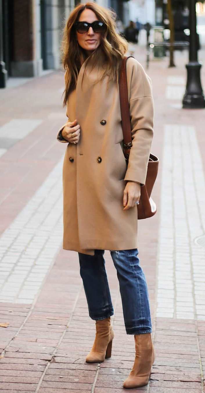 fall outfit idea/ brown bag + boots + beige cashmere coat + jeans