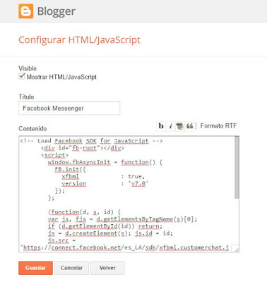 Pegando código en Gadget - Facebook Messenger en Blogger