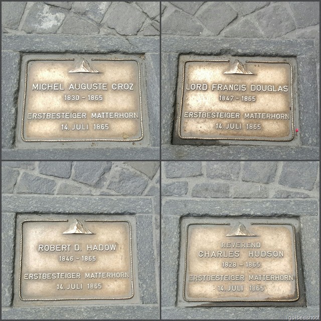 Collage of bronze markers for the 4 persons who died during first ascent of Matterhorn at the Walk of Climb in Zermatt.