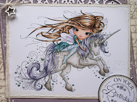 Handmade card with fairy and unicorn (image from Polka Doodles)