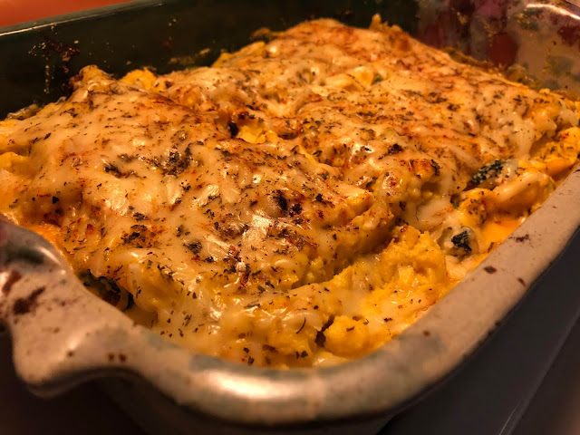 Vegan roasted butternut squash lasagna in a pan