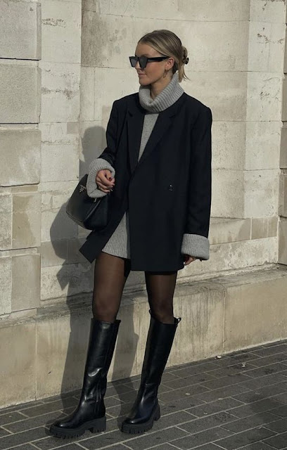 Mulher loira look inverno feminino botas cano alto preto