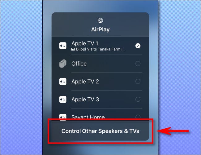 في قائمة iPhone AirPlay ، انقر على "التحكم في مكبرات الصوت وأجهزة التلفزيون الأخرى".