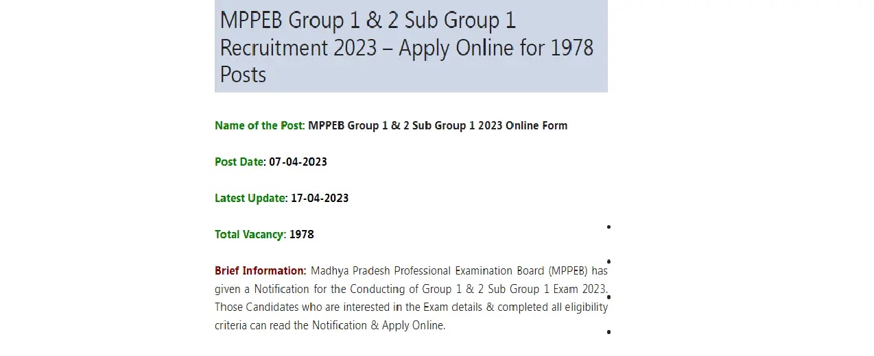 MPPEB Group 1 & 2 Sub Group 1 Recruitment  Apply Online for 1978 Posts Age Limit, Last Date and Apply Process