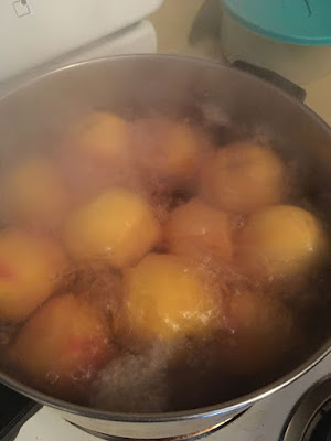 A large silver pot full to the brim with gold-pink peaches and boiling water, somewhat obscured by steam.
