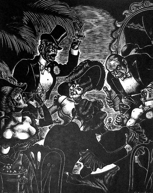 a Fritz Eichenberg illustration of partiers in expensive clothes