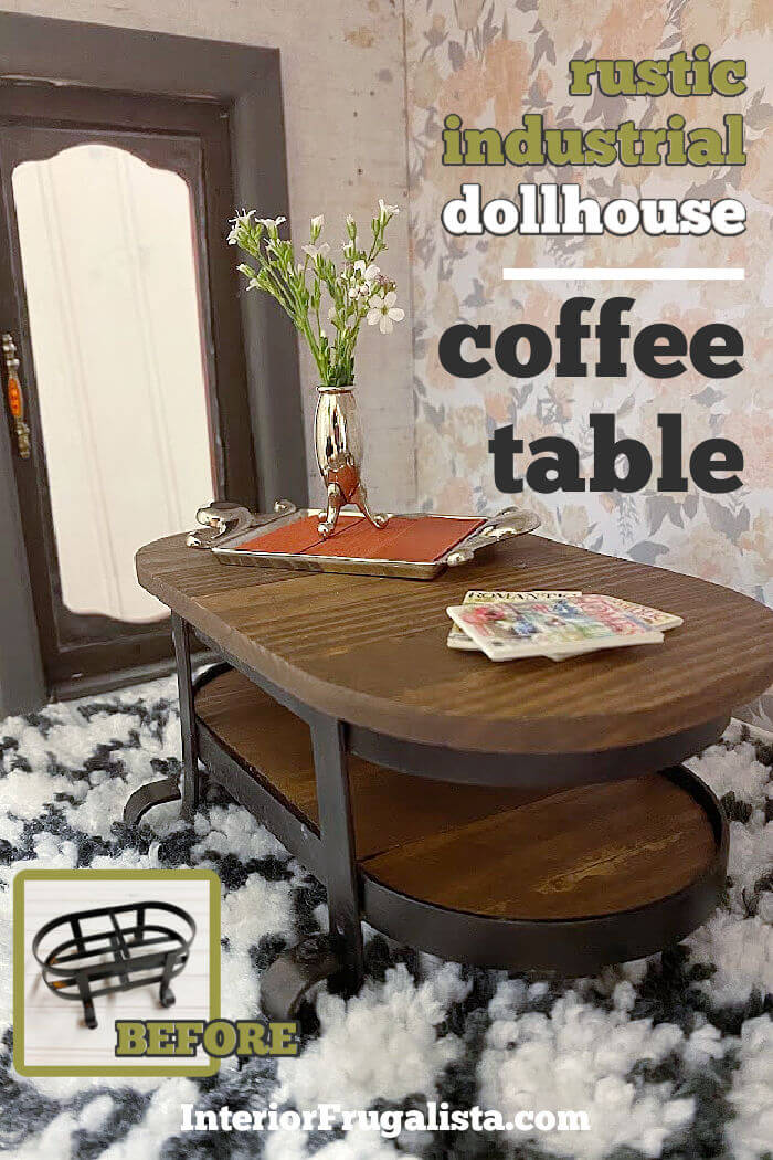 How to repurpose a bathroom metal soap and lotion dispenser caddy into an adorable rustic industrial-style dollhouse coffee table with wood slat top. #dollhousefurniturediy #dollhousediyideas #miniaturecoffeetablediy #industrialstylefurniturediy