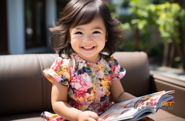 Happy Asian little girl holding a Bible for kids on the couch