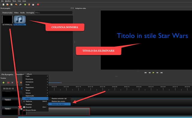 eliminare la prima parte del video con il nome del file