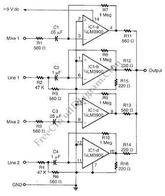 LM3900 Audio Mixer Circuit Schematic Diagram