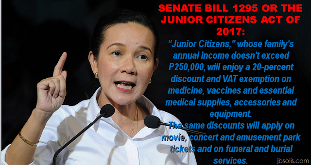 The 20% discount awarded to our senior citizens are proven useful for them by providing them discounts and other privileges they may help them to enjoy their life as they get older. But this is only for seniors. Now how about the juniors?   A bill seeking a 20-percent discount and value added tax exemptions for poor children aged 12 and below was filed by Senator Grace Poe. Poe's proposal came as President Rodrigo Duterte seeks additional revenue sources to offset a planned reduction in income taxes to provide help for those in the middle class and the poor. This bill once approved will give poor families with children 12 and below a helping hand.  “This proposed legislation would surely help every poor Filipino family’s financial constraints, raise their level of living and improve their quality of life,” Poe said.     It is called as the Senate Bill 1295 or the Junior Citizens Act of 2017. Under this bill, "junior citizens," whose family's annual income doesn't exceed P250,000, will enjoy a 20-percent discount and VAT exemption on medicine, vaccines and essential medical supplies, accessories and equipment. The same discounts will apply on movie, concert and amusement park tickets and on funeral and burial services, according to a statement from the lady senator's office . This bill, if fully implemented, may lessen the financial burden among families belonging to the poorest of the poor up to the families which are considered as middle class.