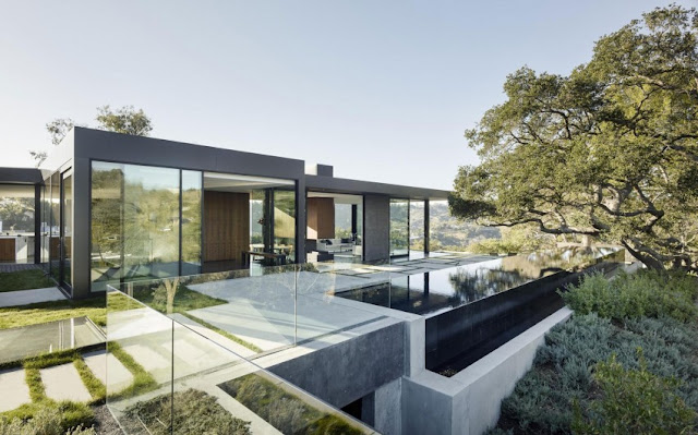 contemporary house with large glass door and glass fence