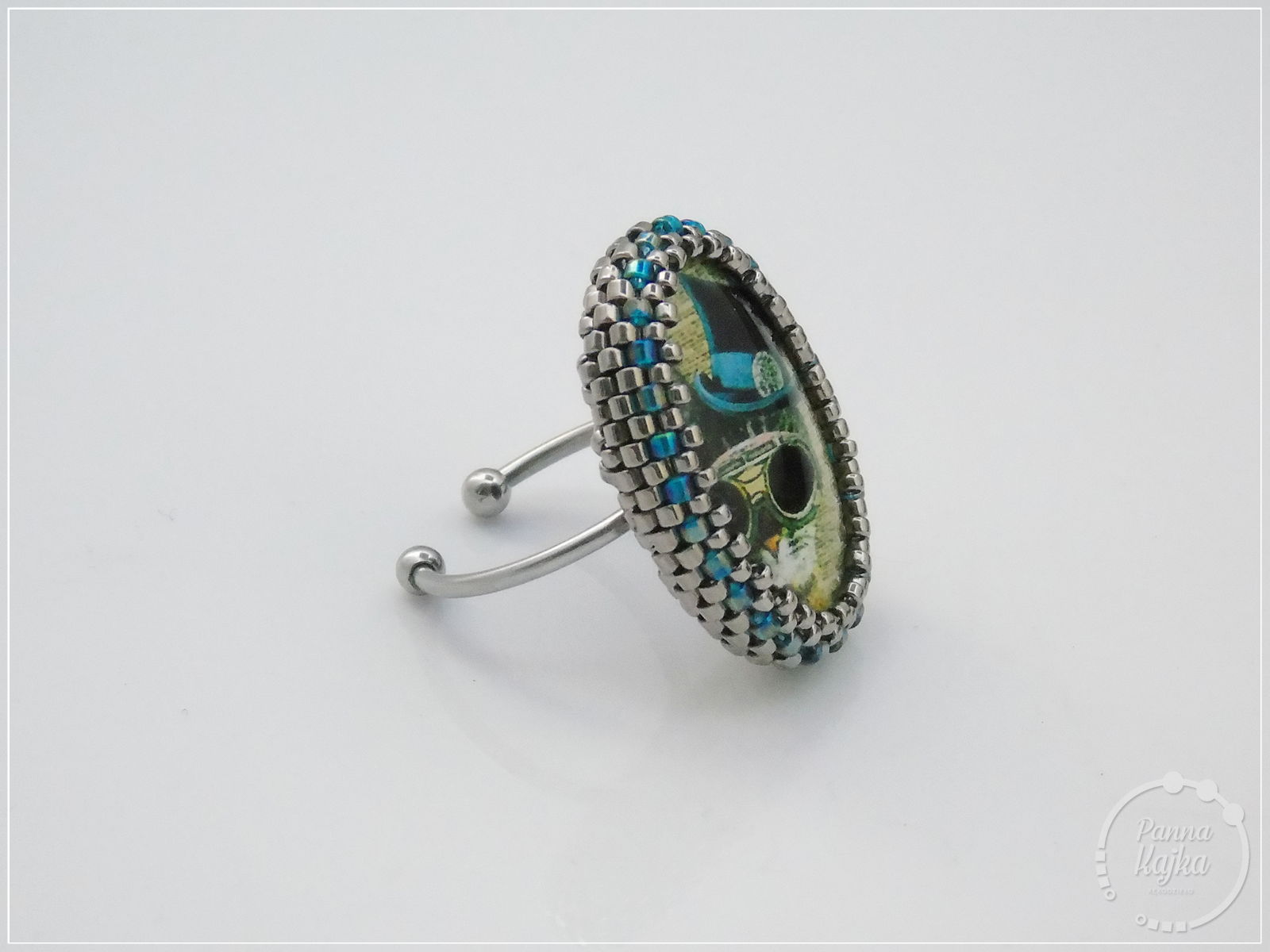 handmade, rękodzieło, biżuteria ręcznie robiona, handmade jewellery, jewelry, pierścionek, ring, handmade ring, beadweaving, beading, beads, koralikowy pierścionek, koraliki, miyuki, toho, kaboszon, kot, cat, steampunk, steampunk cat, cat in hat, toho, miyuki beads, toho beads