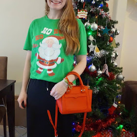 awayfromtheblue Instagram Christmas eve family time casual festive outfit glitter santa novelty tee maxi dress red bag