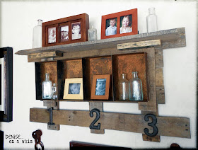 Pallet wood and rusty metal shelf via http://deniseonawhim.blogspot.com