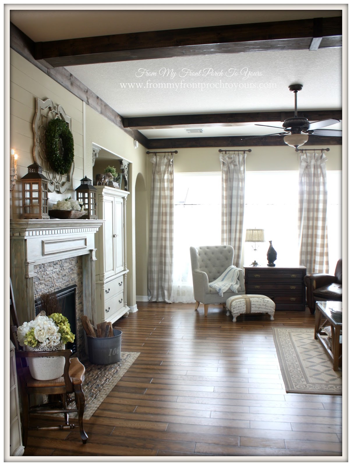 From my Front Porch To Yours shares their DIY wood beams in their French Farmhouse Living Room.