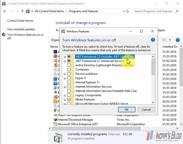 Install .NET Framework 3.5 (Includes 2.0 and 3.0) di Windows 10