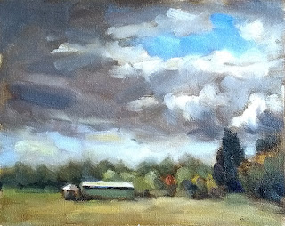 Oil paintings of dark clouds surrounding a small patch of blue sky with trees and buildings on a low horizon.