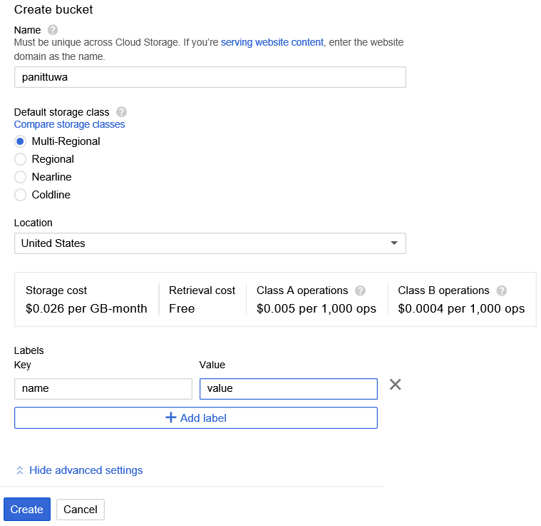 defining a new Cloud Storage bucket via the 'Create new bucket' pop-up