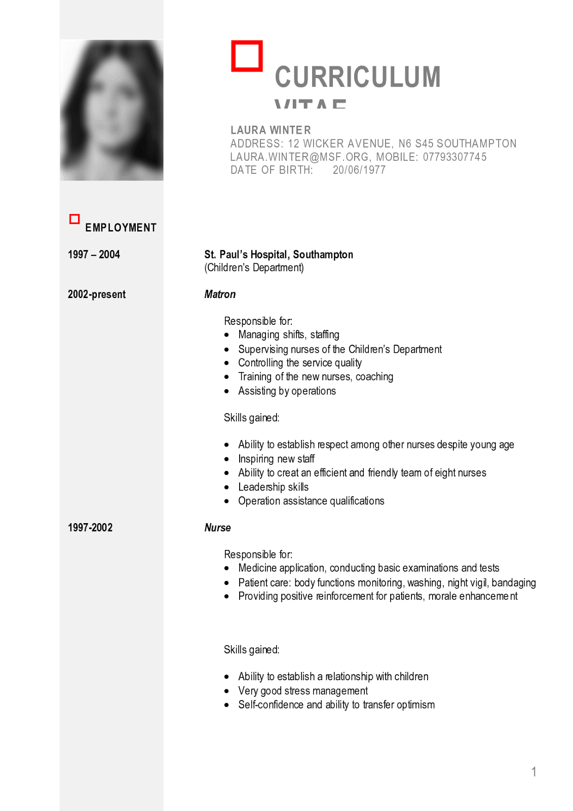 CV Curriculum Vitae Sample Format