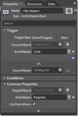 GoToStateAction behavior properties