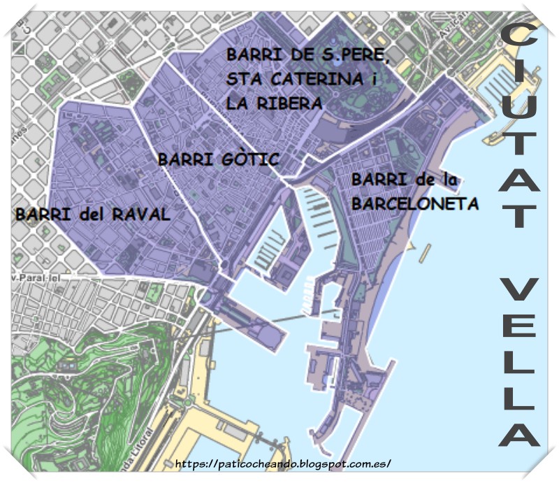 Ciutat Vella-Barrio Gótico - BARCELONA- Portal de l’Àngel- Galerías Preciados- Font de Santa Anna- carrer Petritxol- Basílica de Santa María del Pi- Boquería Plaza Real- Obradors- Pza de George Orwell- Escola Oficial d’Arts i Oficis. - La Casa dels Quatre Rius- Baixada de Sant  Miquel- Palau Centelles- Monument als Castellers- Plaça de Sant Jaume - Palacio de la Generalitat- Ajuntament de Barcelona.- Barrio Judío - Call Mayor- Call Menor Pont del Bisbe- Centro Cívico Pati Llimona- Palacio Padellás,- Palacio Real Mayor- Palacio del Lloctinent- Baixada de la Canonge- Plaça del Rei,- calle de la Tapineria- Capilla de Santa Ágata, - Palacio Requesens- Palau Moxó- Font de Sant Just- Sots - Tinent Navarro- antigua muralla romana- murallas de Barcino,- Plaça dels Traginers- La Cara de Barcelona Edificio de Correos y Telégrafos- Moll de la Fusta- Monumento a Cristobal Colón, - Plaça Portal de la Pau- Pasage de la Paz- Plaça del Duc de Medinaceli, - Capitanía Gral Militar-  Convento de la Mercè-Basílica de la Mercè- estos de este cementerio romano- Plaça de la Vila de Madrid- carrer de la Palla- Plça Nova- antiguo acueducto- Puerta de Praetoria- Catedral de la Santa Cruz y Santa Eulalia de Barcelona- Casa de la Pia Almoina- Museo Diocesano- Archivo Histórico de Barcelona- Puerta de Santa Lucía- Mártires de la Independencia- Puerta de Sta Eulalia- puerta de la Pietat de la Catedral- Casa dels Canonges- Templo Romano de Augusto- Carrer Paradís- Carrer de La Pietat- escultura de Chillida- Archivo General de la Corona de Aragón