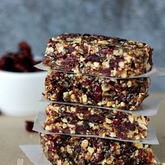 Simple Homemade Energy Snack Bar Recipe Lunch and Snacks, Desserts with dates, dried cranberries, salted almonds, chia seeds, flax seeds, agave nectar