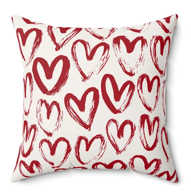 Spun Polyester Square Valentine Pillow With Red Sketch Hearts and Love Pattern and I Love You Text in the Back Side