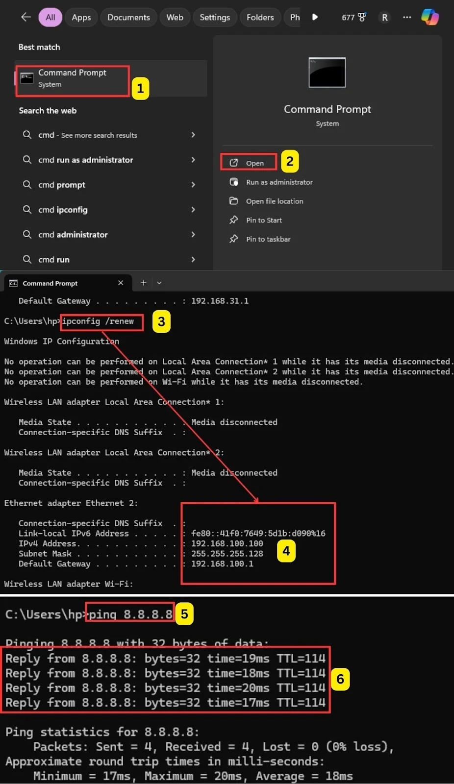 Menguji koneksi dan mengecek IP pada Komputer dengan CMD