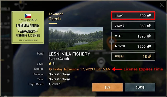 A one-day advanced fishing license at LESNI VILA fishery costs 300 credits