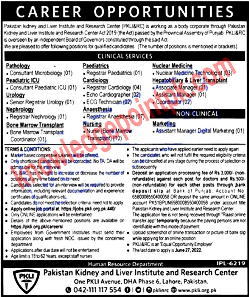 Pakistan Kidney And Liver Institute PKLI New Jobs 2022 | www.pkli.org.pk