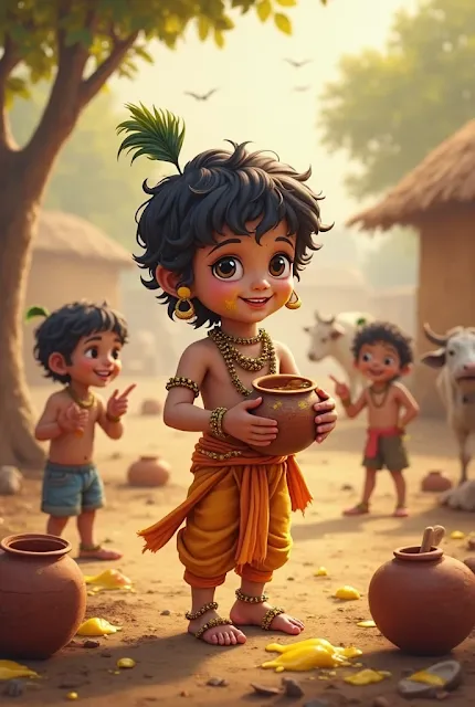 श्रीकृष्ण अपने दोस्तों के साथ माखन चोरी करते हुए – वृंदावन की गलियों में हँसी-शरारत और भक्ति से भरा दृश्य